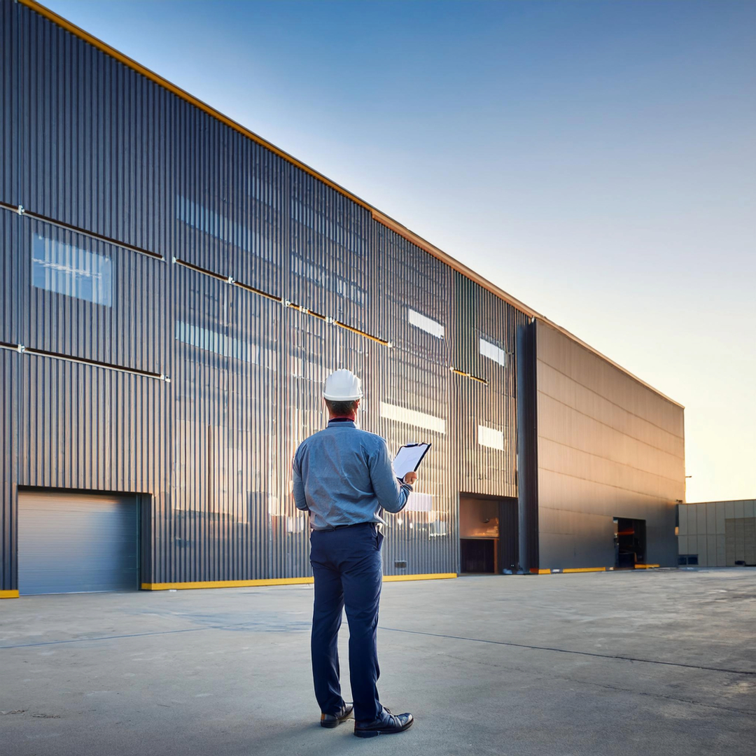 A professional commercial property inspector assessing the exterior of a warehouse